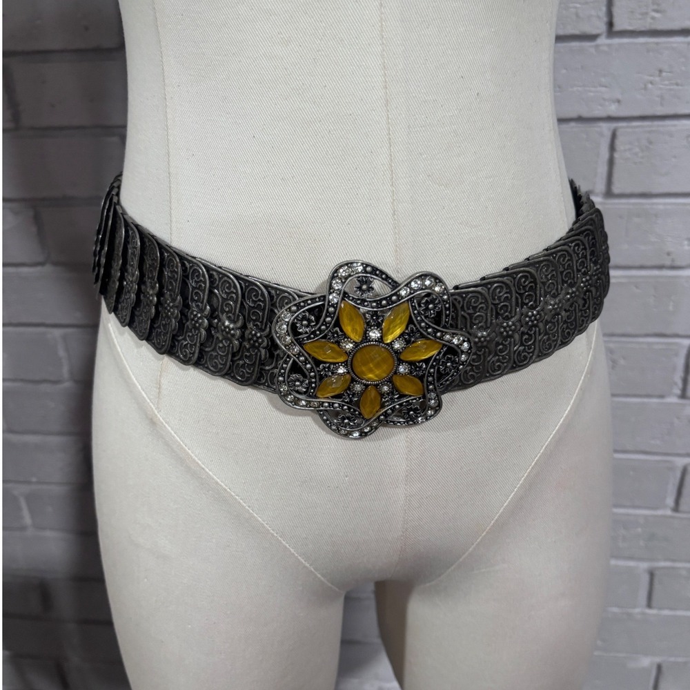 Vintage Silver Filigree Stretch Belt Amber Floral Rhinestone Buckle Boho Cinch